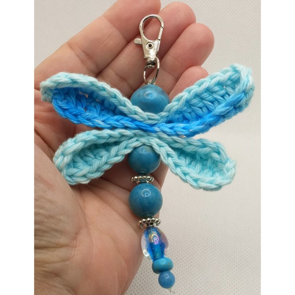 Crochet Wings Dragonfly Bag Charm Handmade Upcycled Blue Beaded Keychain NEW - Picture 7 of 9